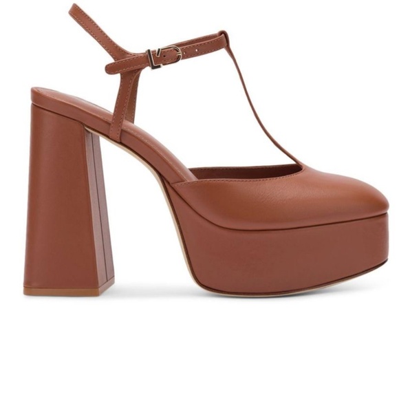 Larroude Pixie Platform Pump in Caramel Tan Leather T Strap Chunky Heel 9.5 NWOB - Picture 3 of 15